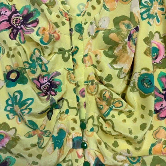 Le Fou Wilfred Yellow Floral Silk Ruched Button Front Mini Dress Size 10 - Picture 5 of 9